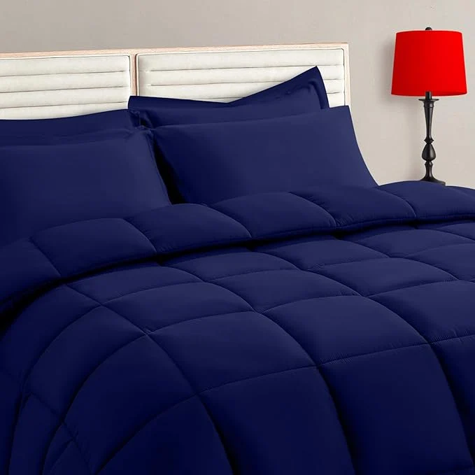 Smooth TAIMIT Navy Full Size Comforter Set – 7 Pieces Bed in a Bag Bedding Sets with All Season Soft Quilted Warm Fluffy Reversible Comforter Flat Sheet Fitted Sheet 2 Pillow Shams 2 Pillowcases Exclusive