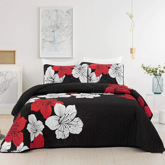 Exceptional DJY 3 Pieces Quilt Set Queen Red Floral Pattern Quilt Coverlet Set Elegant Boho Bedspread with 2 Pillow Shams Lightweight Microfiber Bedding Quilt Set for All Season Black 90 quot x96 quot Original