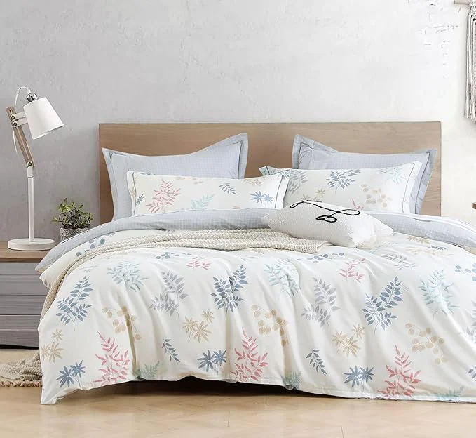 Modern White Cotton Comforter Queen Size 3Pcs – Blue Beige and Blush Botanicals Pattern on White Gray Grid Back Reversible Lightweight Bedding Sets with Soft Fill Queen 90 quot ×90 quot Consistent