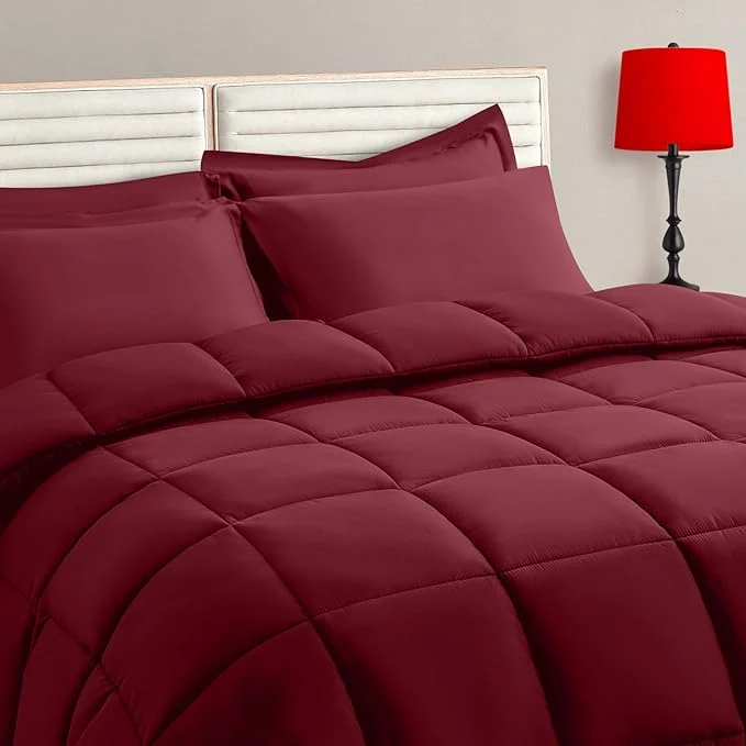 Premium Material TAIMIT Burgandy Twin Size Comforter Set – 5 Pieces Bed in a Bag Bedding Sets with All Season Soft Quilted Warm Fluffy Reversible Comforter Flat Sheet Fitted Sheet 1 Pillow Shams 1 Pillowcases Organic