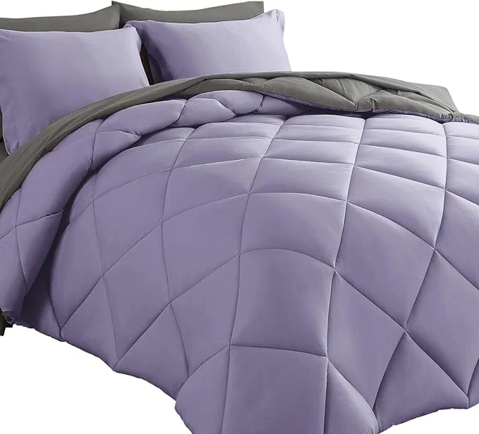 Unique Cosybay Bed in a Bag Full Reversible Comforter Sets 7pcs All Season Down Bedding Sets Lavender and Grey with Comforter Pillow Shams Flat Sheet Fitted Sheet and Pillowcase Classic