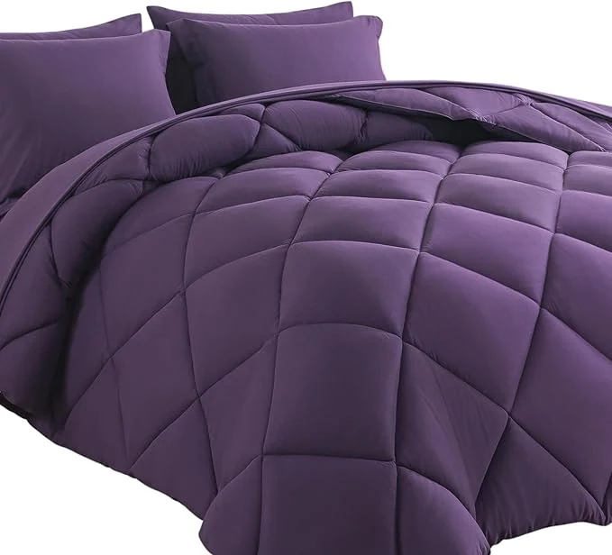 Sophisticated Cosybay Bed in a Bag King Comforter Sets 7pcs All Season Solid Down Bedding Sets Purple with Comforter Pillow Shams Flat Sheet Fitted Sheet and Pillowcases High-Grade