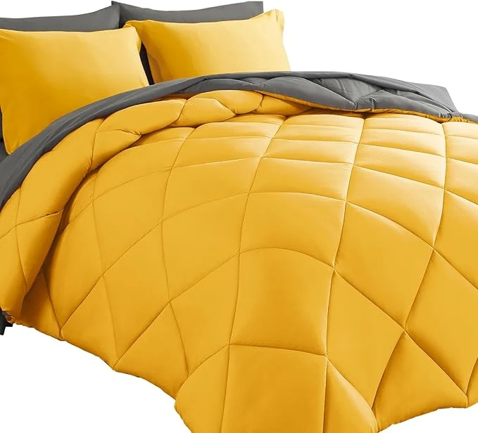 Clean Cosybay Bed in a Bag Full Reversible Comforter Sets 7pcs All Season Down Bedding Sets Yellow and Grey with Comforter Pillow Shams Flat Sheet Fitted Sheet and Pillowcase Detailed