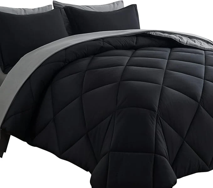 Exclusive Cosybay Bed in a Bag King Reversible Comforter Sets 7pcs All Season Down Bedding Sets Black and Grey with Comforter Pillow Shams Flat Sheet Fitted Sheet and Pillowcase High-Grade
