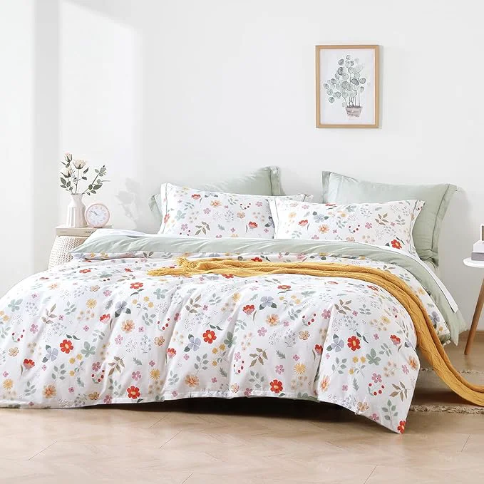 Casual Botanical Cotton Comforter Twin Size 2Pcs – Colorful Flowers Berries and Leaves on White Chevron Sage Green Back Lightweight Bedding Sets with Soft Fill 1 Comfoter 1 Pillowcase High-End