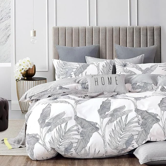 Expertly Made Botanical Cotton Comforter Queen Size – White Comforter with Delicate Black Leaves Patterns Grey Reversible Lightweight Bedding Sets 3Pcs Stripes Comfortable