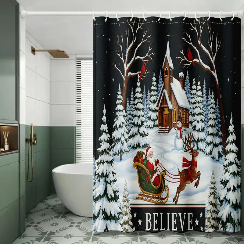 Secure Ownkoti Christmas Snowy Night Shower Curtain High-End
