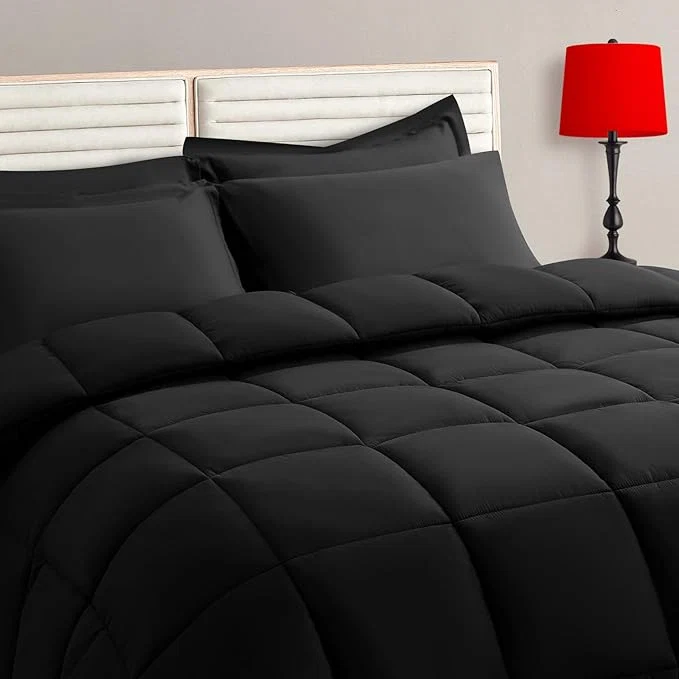 Exclusive TAIMIT Queen Size Comforter Set – 7 Pieces Bed in a Bag Bedding Sets with All Season Soft Quilted Warm Fluffy Reversible Comforter Flat Sheet Fitted Sheet 2 Pillow Shams 2 Pillowcases Black Innovative