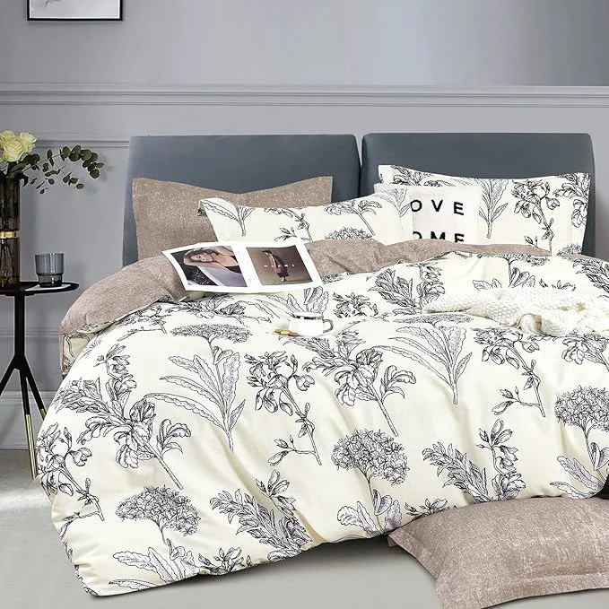 Recyclable Floral Cotton Comforter King Size 3Pcs – Vintage Design with Luxurious Black Sketched Flowers amp Leaves on Cream Retro Taupe Reversible Lightweight Bedding Sets with Soft Fill 104 quot ×90 quot Easy-to-Use