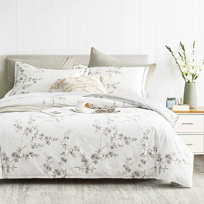 Detailed Vintage Botanical White Cotton Comforter Queen Size – Elegant Gray Flowers and Taupe Branches on White Light Gray Striped Back 3PC Lightweight Bedding Set with Ultra-Soft Fill Responsible