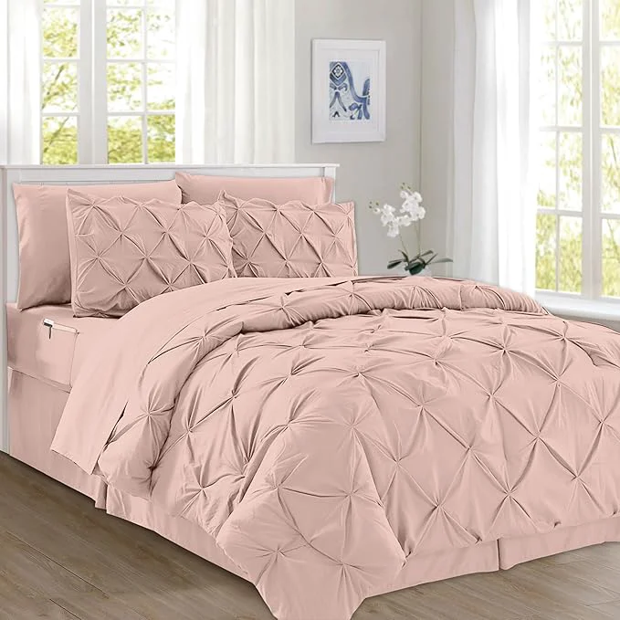 Refined Elegant Comfort 8-Piece Pinch Pleated Comforter Set – All Season Complete Bed in a Bag Includes 4pc Smart Sheet Set Bed Skirt Comforter Matching Pillowcases and Shams King Cal King Blush Pink Quality