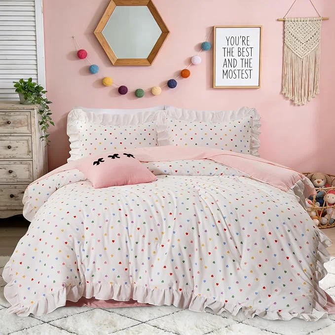 Outstanding A Nice Night Colorful Heart Love Pattern Bedding Set Ruffle 6 Piece Bed in a Bag Matching Sheet Set Princess Chic Style White Comforter Sets Room Decor for Girls Full Classic