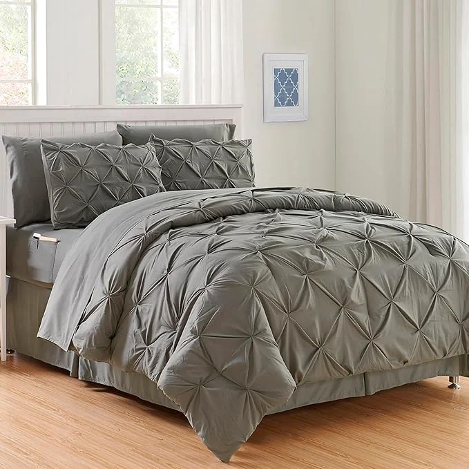 Soft Elegant Comfort 8-Piece Pinch Pleated Comforter Set – All Season Complete Bed in a Bag Includes 4pc Smart Sheet Set Bed Skirt Comforter Matching Pillowcases and Shams Full Queen Gray Unique
