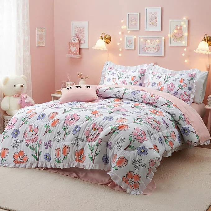 Outstanding A Nice Night 6 Piece Comforter Set Bed in a Bag with Comforter amp Sheet Set Chic Cute Rabbits Bow Printed Bedding Sets Princess Ruffle Bedding for Kids Girls Queen Versatile