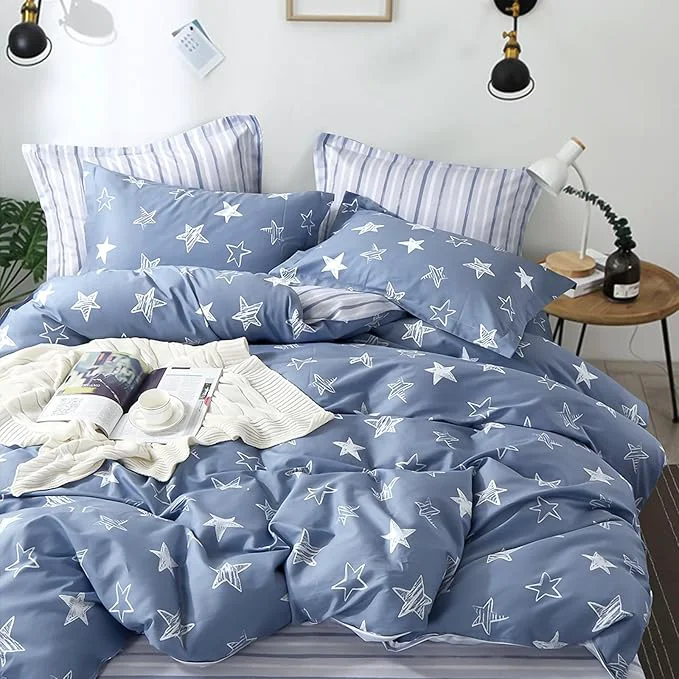 Traditional Blue Cotton Comforter King Size 3Pcs – White Doodle Style Stars on Denim Blue Front Gray Stripes on Back Reversible Lightweight Bedding Sets with Soft Fill King 104 quot ×90 quot Reliable