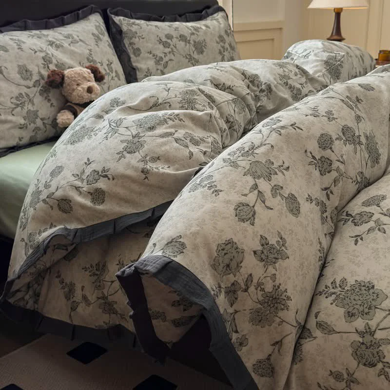 Selected Ownkoti Vintage Floral Ruffled Cotton Bedding Set High-Grade