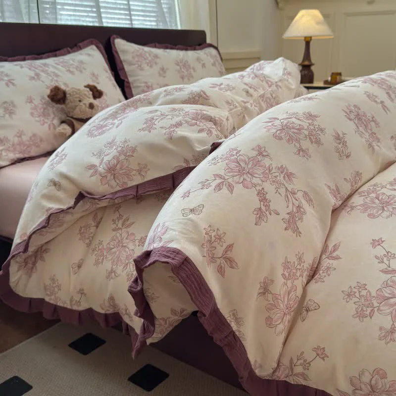 Soft Ownkoti Elegant Floral Ruffled Cotton Bedding Set Exceptional