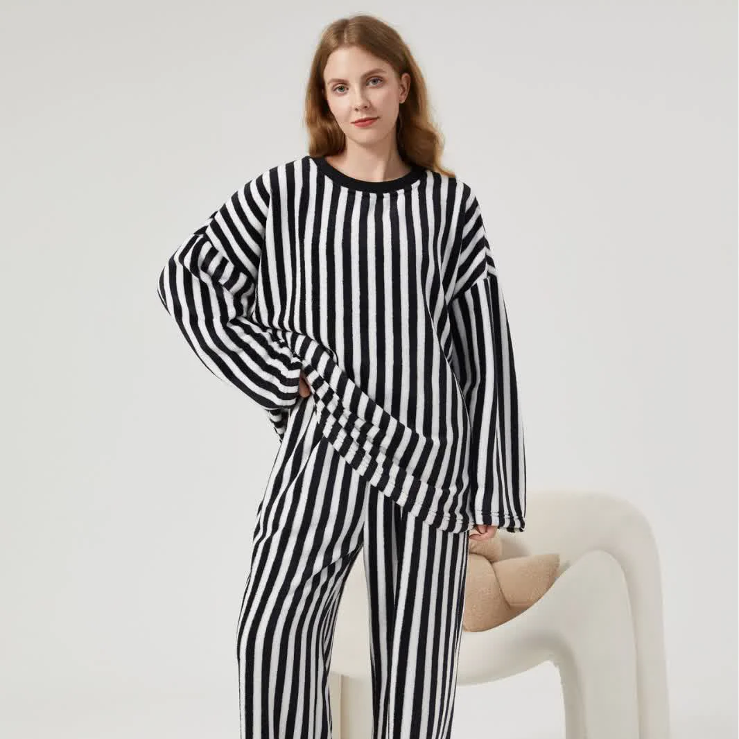 Expertly Made Ownkoti Vertical Striped Plush Loungewear Set Fast