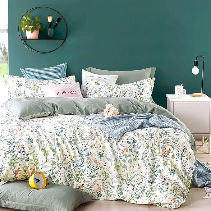 Functional Floral Cotton Comforter Queen Size – Botanical Wildflower Pattern with Soft Pestel Accents on White Textured Dusty Green Back 3PC Lightweight Bedding Set with Down Fill 90 quot ×90 quot Classic