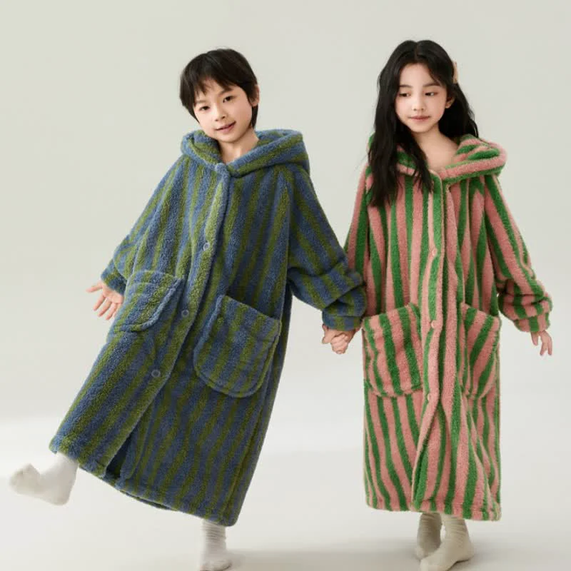 Solid Ownkoti Striped Hooded Plush Warm Child Robe Healthy