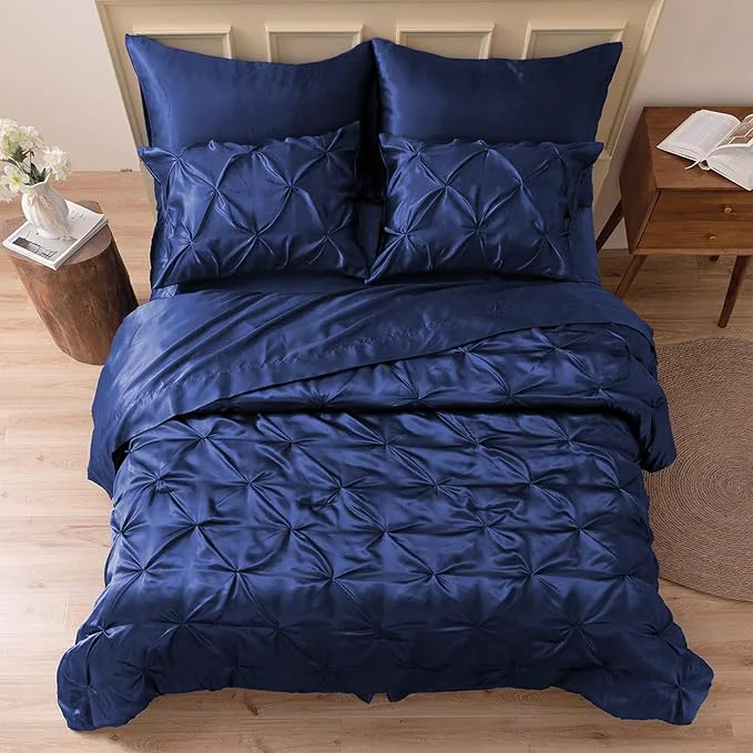 Pure MR amp HM Satin Comforter Full 7 Pieces – Luxurious Pinch Pleat Bedding Set with Comforter Flat Sheet Fitted Sheet Pillowcases amp Shams Super Silky Soft Bed Set for All Season Full Navy Blue Smart