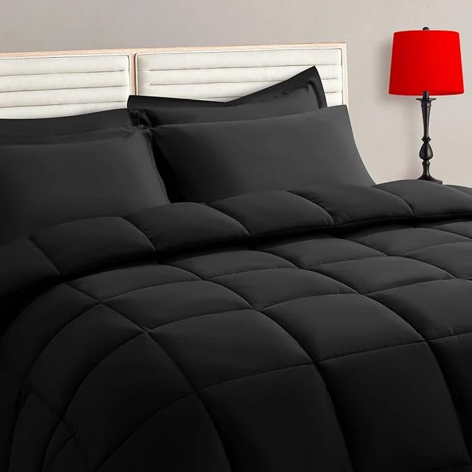 Convenient TAIMIT California King Comforter Set – 7 Pieces Bed in a Bag Bedding Sets with All Season Soft Quilted Warm Fluffy Reversible Comforter Flat Sheet Fitted Sheet 2 Pillow Shams 2 Pillowcases Black Exclusive