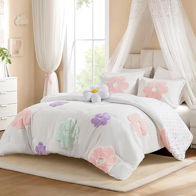 Certified Intelligent Design Kids Full Comforter Set for Girls Tufted Chenille Floral Comforter Set Queen Lightweight Polka Dot Reversible Bed Set Shams Pillow Gracie Full Queen White Purple 4 Piece Eco-Friendly