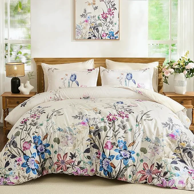 Secure WONGS BEDDING Floral Comforter Set Queen 7 Piece Beige Bed in a Bag Bedding Set with Botanical Flowers Patterns Soft Lightweight Complete Comforters with Sheets for All Season Exceptional