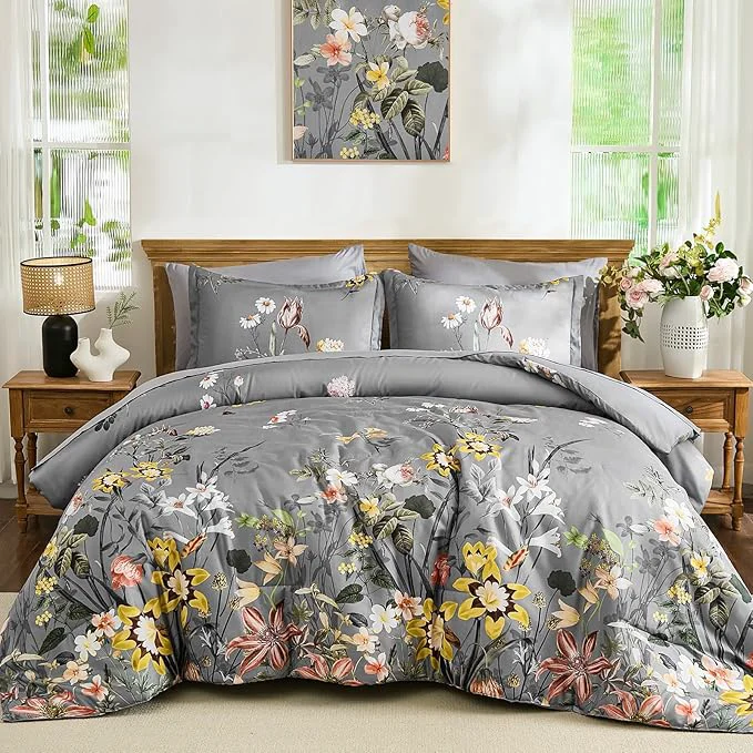 Fashionable WONGS BEDDING King Comforter Set 7 Piece Grey Floral Bed in a Bag Bedding Set with Botanical Flowers Patterns Soft Lightweight Complete Comforters with Sheets for All Season Genuine