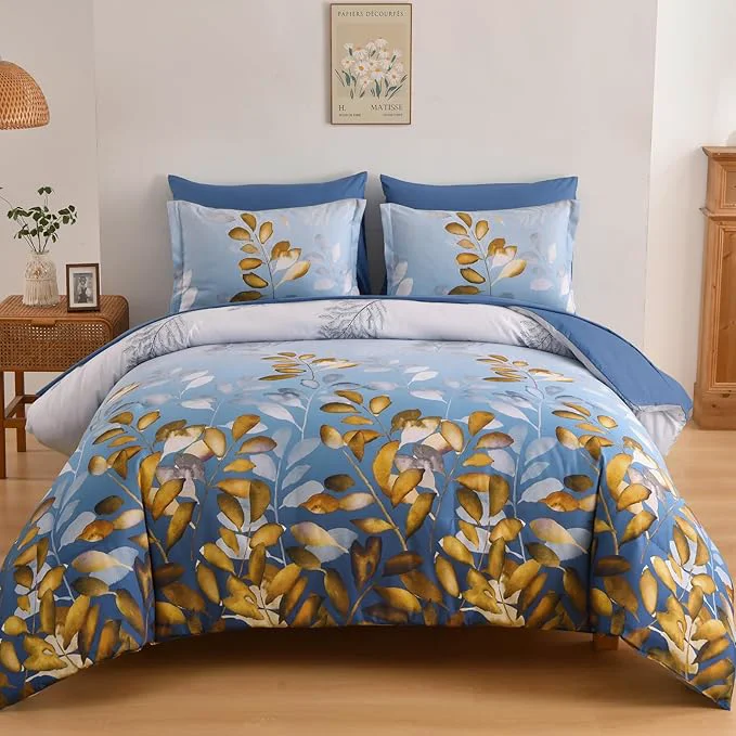 Exclusive Anibedding 7 Pieces King Size Comforter Set Blue Gold Botanical Gradient Leaves Ultra Soft Microfiber Down Bedding Set with Sheets and Pillowcase for All Season Healthy