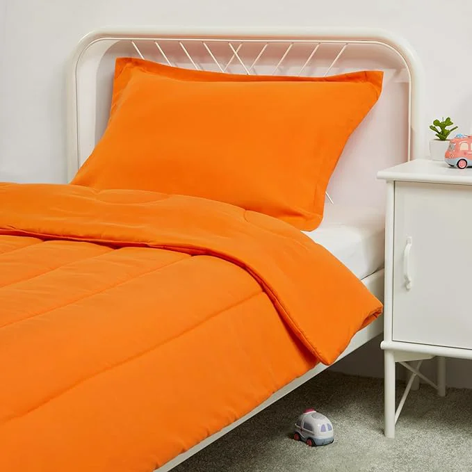 Expertly Made Amazon Basics 2 Piece Microfiber Kid 39 s Comforter and Pillow Sham Set Toddler Bright Orange Solid Clean