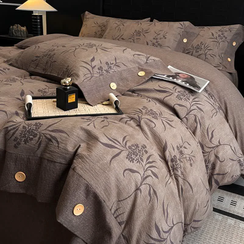 Versatile Ownkoti Retro Leaf Linen Button Bedding Set 4PCS Durable