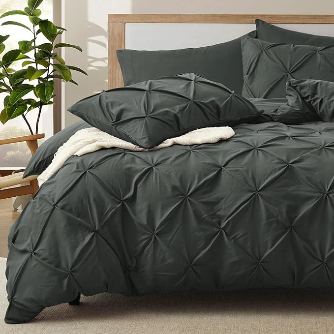 User-Friendly VACVELT 5 Piece Pinch Pleated Duvet Cover Full Queen Size Set Charcoal Black Pintuck Duvet Cover with Zipper amp 8 Ties Shabby Chic Microfiber 2 Pillow Shams 2 Pillowcases No Comforter Pure