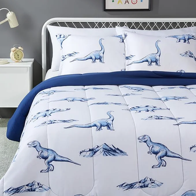 Enhanced Amazon Basics 3-Piece Microfiber Kids 39 All Season Comforter and Pillow Sham Set Full Queen Dinosaurs Animal Print Contemporary