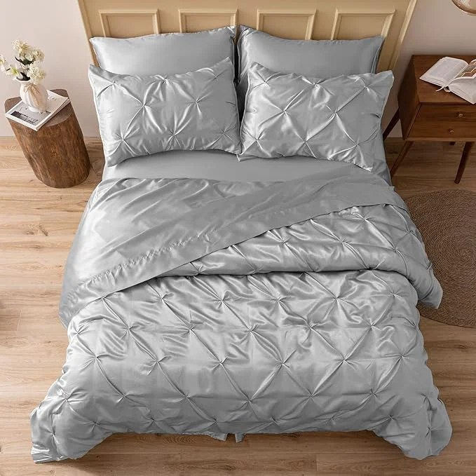 Crafted MR amp HM Satin Comforter Queen 7 Pieces – Luxurious Pinch Pleat Bedding Set with Comforter Flat Sheet Fitted Sheet Pillowcases amp Shams Super Silky Soft Bed Set for All Season Queen Silver Grey Elite