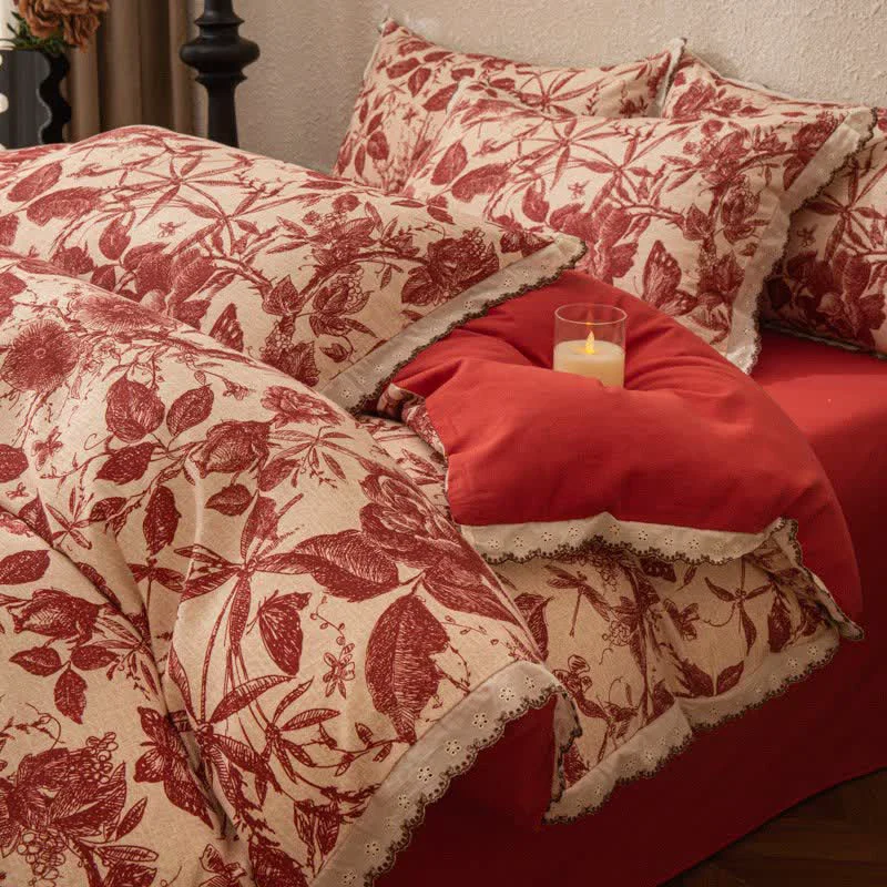 Top-Quality Ownkoti Red Botanical Lace Brushed Cotton Bedding Set Specialty