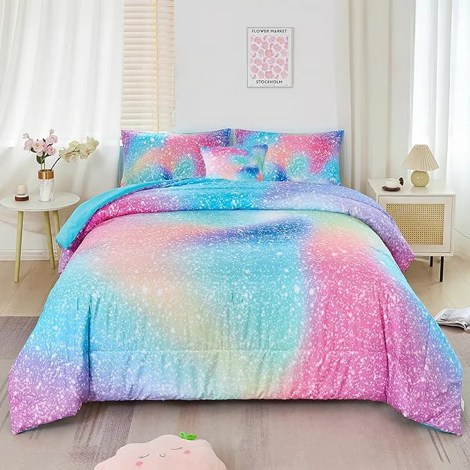Environmentally Friendly RYNGHIPY Queen Girls Comforter Set Colorful Rainbow Bed in A Bag for Girls Kids 6 Piece Ombre Galaxy Glitter Bedding Set Soft