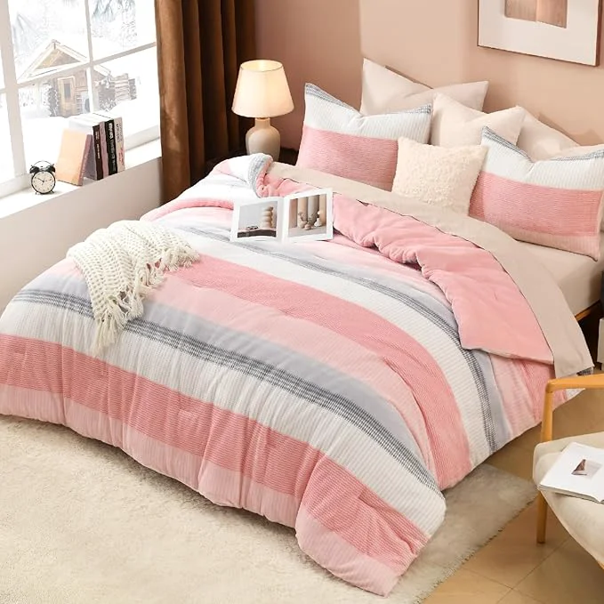Authentic Litanika Fluffy Fleece Twin Comforter Set Luxury Soft Plush Fuzzy Blush Stripe Bedding Comforter Sets Warm Shaggy Faux Fur Bed Set All Season 1 Comforter 1 Pillowcase High-Performance