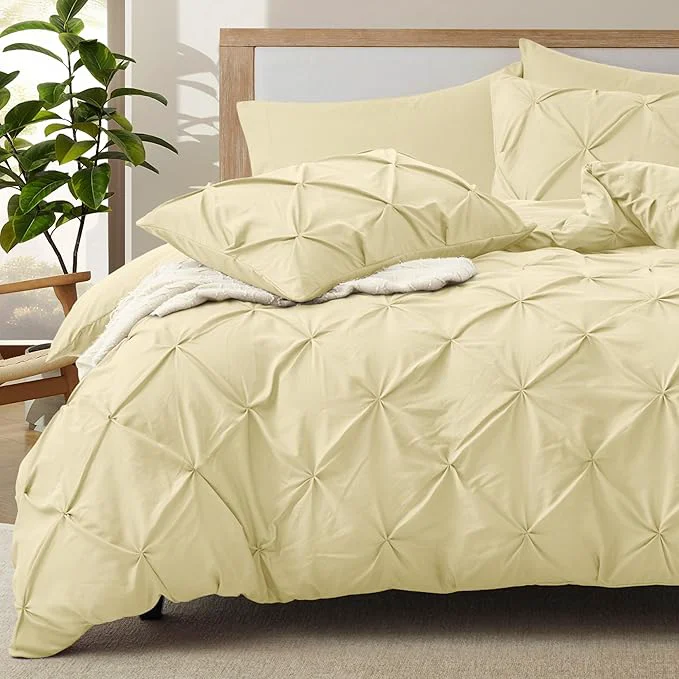 Traditional VACVELT 5 Piece Pinch Pleated Duvet Cover King Size Set Beige Pintuck Duvet Cover with Zipper amp 8 Ties Shabby Chic Microfiber 2 Pillow Shams 2 Pillowcases No Comforter Elegant
