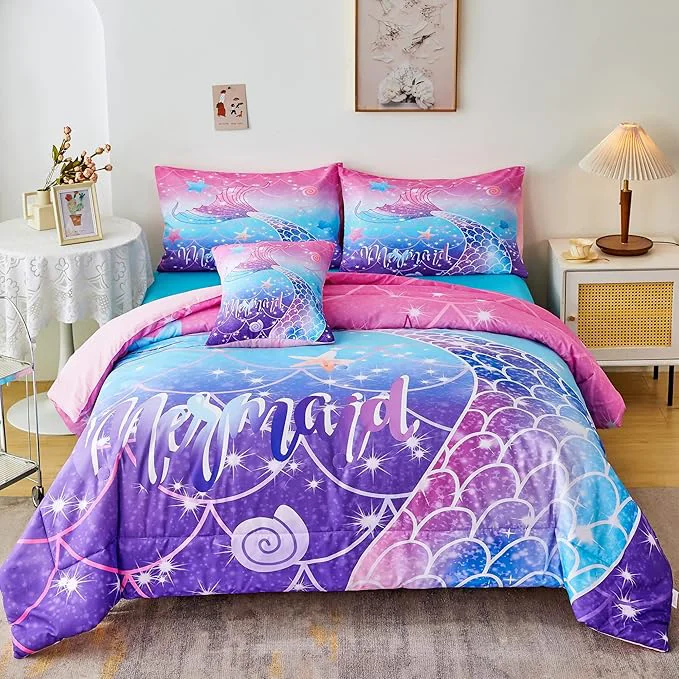 Reusable RYNGHIPY Mermaid Comforter Set 6Pcs Kids Gilrs Bed in a Bag Queen Size Mermaid Tail Print Teens Girls Bedding Set Rainbow Bedding Collections Practical
