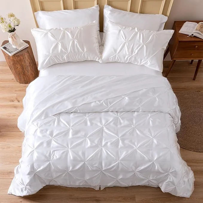 Trendy MR amp HM Satin Comforter Queen 7 Pieces – Luxurious Pinch Pleat Bedding Set with Comforter Flat Sheet Fitted Sheet Pillowcases amp Shams Super Silky Soft Bed Set for All Season Queen White Long-Lasting