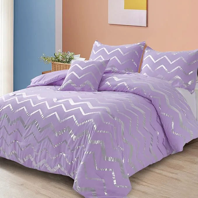 Soft Menghomeus Purple Silver Comforter Set King Lavender Metallic Print Glitter Bed Comforter Cute Shinny Bedding for Teen Girls Kids Women 4 Piece 2 Pillowcases 1 Decorative Pillow Sham High-End