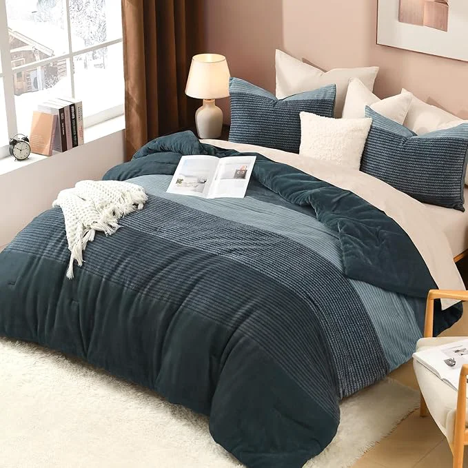 Quality Litanika Fluffy Fleece Full Size Comforter Set Luxury Soft Plush Fuzzy Haze Blue Stripe Bedding Comforter Sets Warm Shaggy Faux Fur Bed Set All Season 1 Comforter 2 Pillowcases First-Class