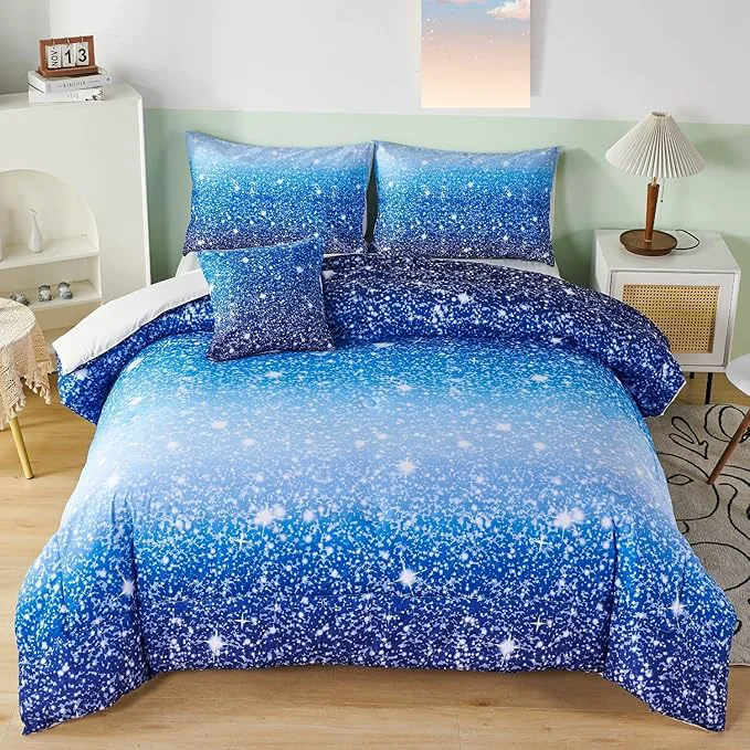 High-End RYNGHIPY 6Pcs Gradient Aqua Blue Navy Ombre Comforter Sets with Sheets Pillowcases Twin Size Sparkle Glitter Design Comforter Bedding Collections for Kids Boys and Girls Pure