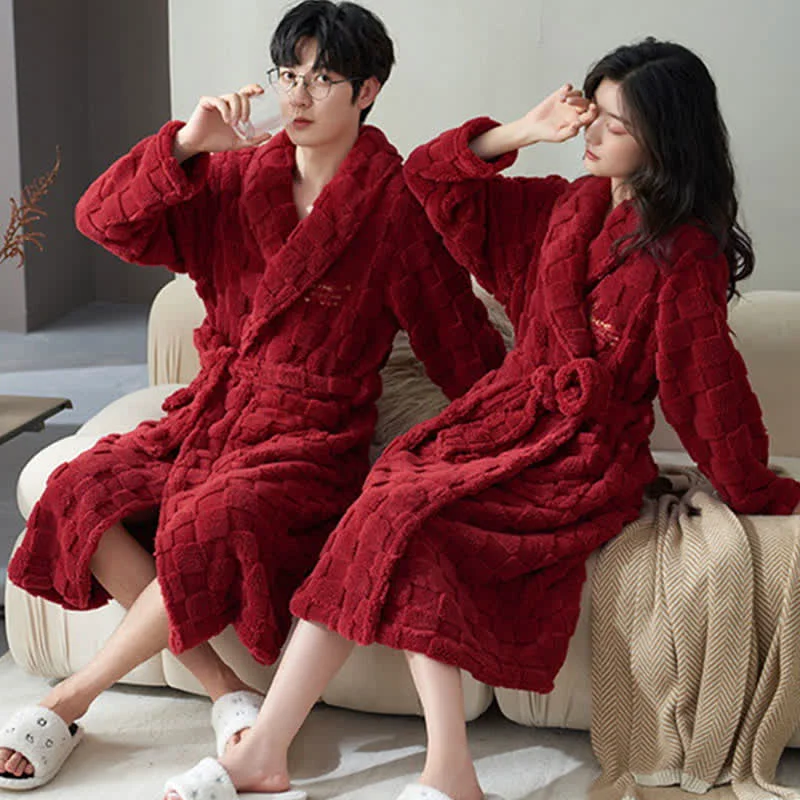 High-Performance Ownkoti Couple Matching Plaid Textured Fleece Robe Powerful