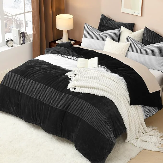 Detailed Litanika Fluffy Fleece Full Size Comforter Set Luxury Soft Plush Fuzzy Black amp White Stripe Bedding Comforter Sets Warm Shaggy Faux Fur Bed Set All Season 1 Comforter 2 Pillowcases Versatile