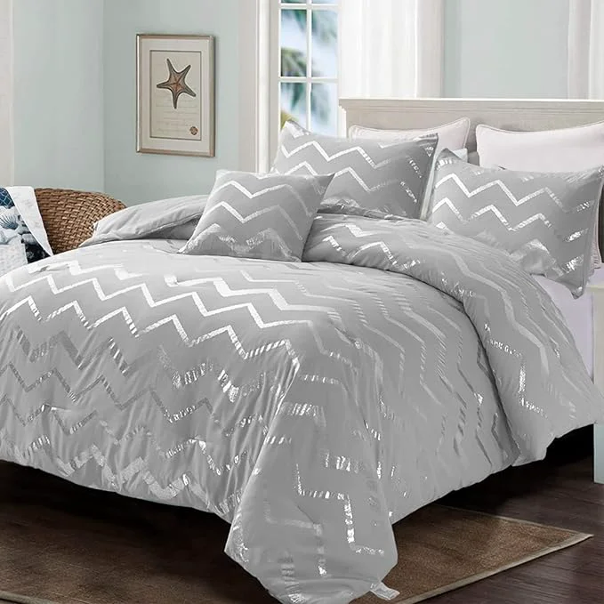 Practical Menghomeus Grey and Silver Comforter Set Queen Full Metallic Print Geometric Bed Comforter 4 Pieces Soft Microfiber Bedding for Teen Kids Boys 2 Pillow Shams 1 Decorative Pillow Sham
