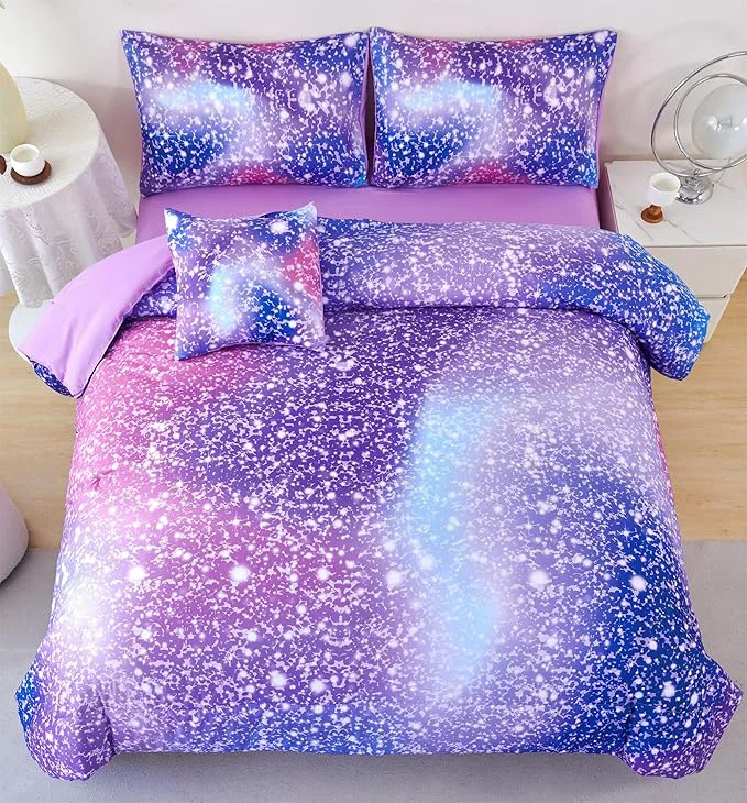 Practical RYNGHIPY 6Pcs Girls Bedding Set Full Size Purple Rainbow Comforter Set for Kids Teens Girls Glitter Bed in a Bag Lightweight Fluffy Durable