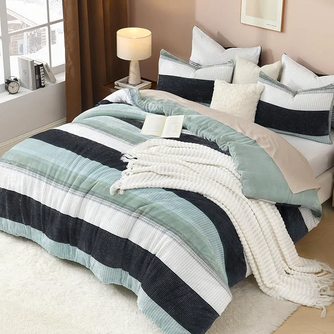 Top-Quality Litanika Fluffy Fleece King Size Comforter Set Luxury Soft Plush Fuzzy Sage Green Stripe Bedding Comforter Sets Warm Shaggy Faux Fur Bed Set All Season 1 Comforter 2 Pillowcases Refined