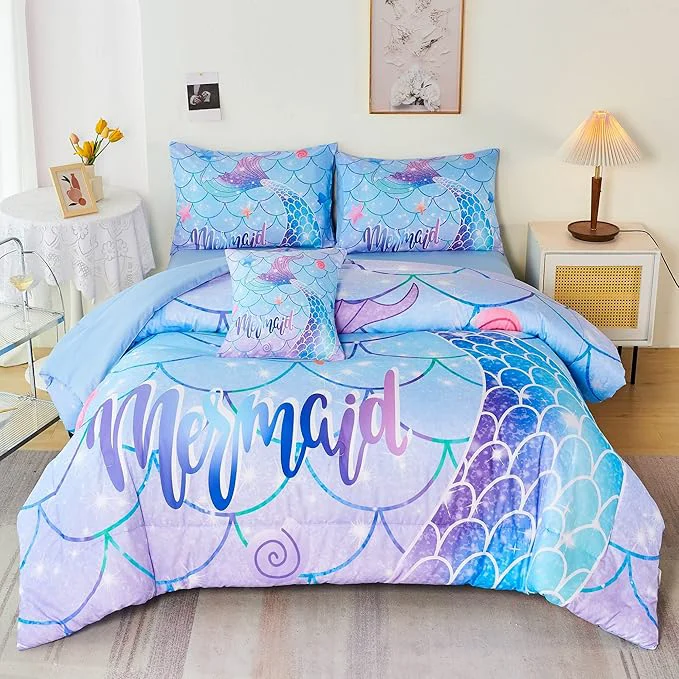 Responsible RYNGHIPY 6Pcs Mermaid Tail Comforter Set for Kids Girls Mermaid Fish Scale Bed in a Bag Queen Size Sparkle Teal Purple Rainbow Bedroom Decor Bedding Set Safe